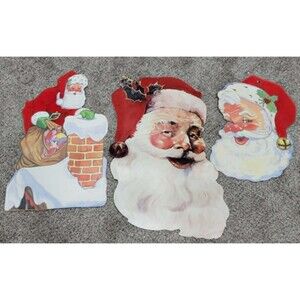 Vintage Christmas Eureka Flocked Santa Die Cast Set of 3 Decor 2 Sided flocked